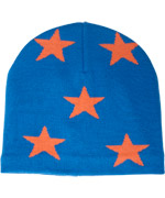 Molo funky blue hat with orange stars and inner fleece lining
