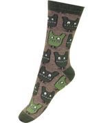 Melton cool brown socks with green funny monsters