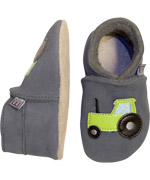 Melton super fun grey suede baby slippers with green tractor